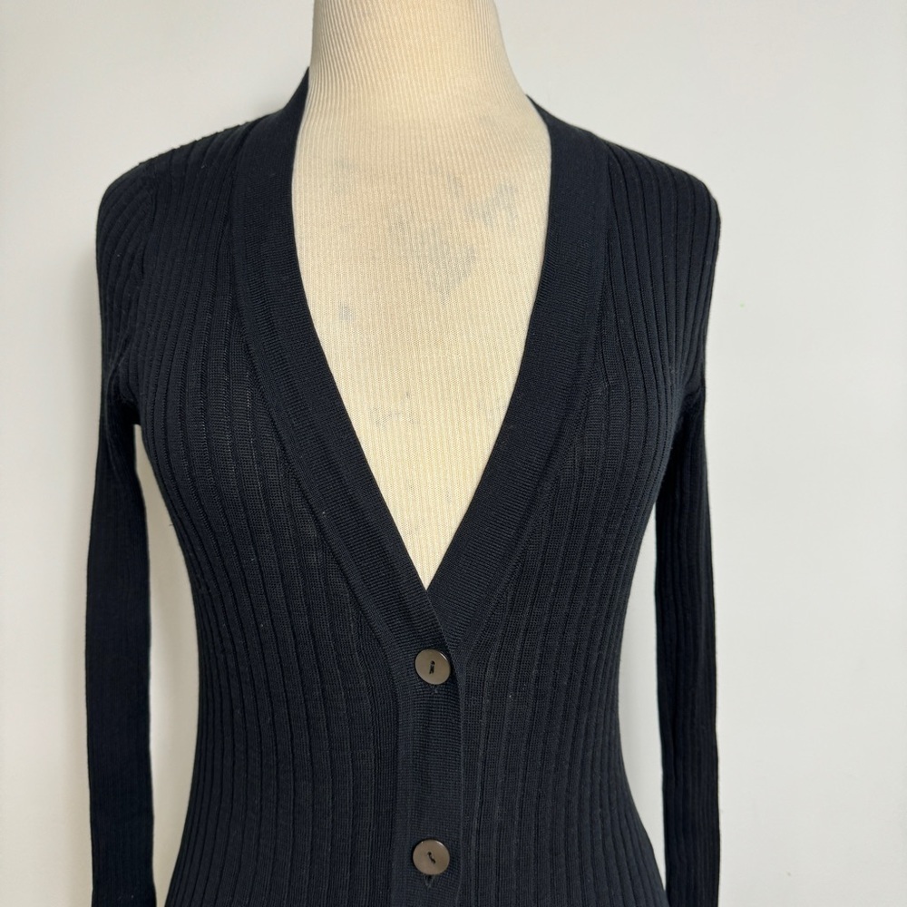 Long Ribbed Button-Front Black Cardigan Sweater - Picture 3 of 9